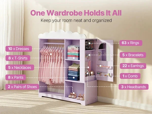 Kids Costume Storage Armoire – Dress-Up Wardrobe with Mirror & Shelves