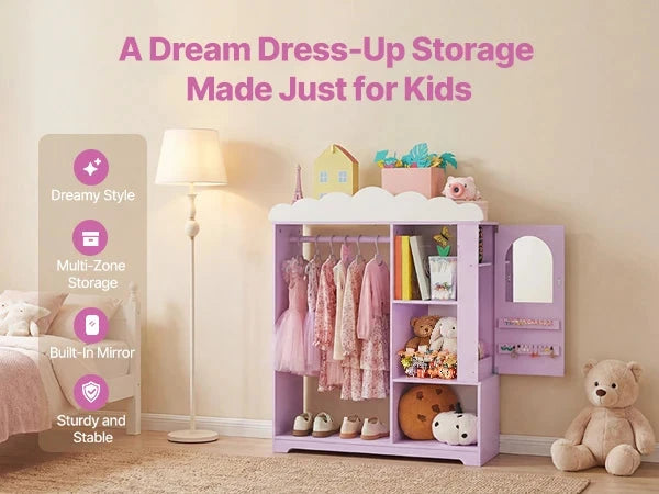 Kids Costume Storage Armoire – Dress-Up Wardrobe with Mirror & Shelves