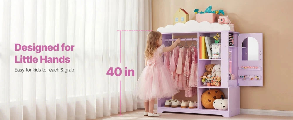 Kids Costume Storage Armoire – Dress-Up Wardrobe with Mirror & Shelves