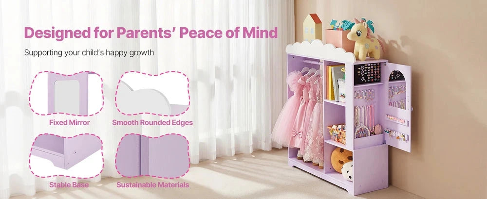 Kids Costume Storage Armoire – Dress-Up Wardrobe with Mirror & Shelves