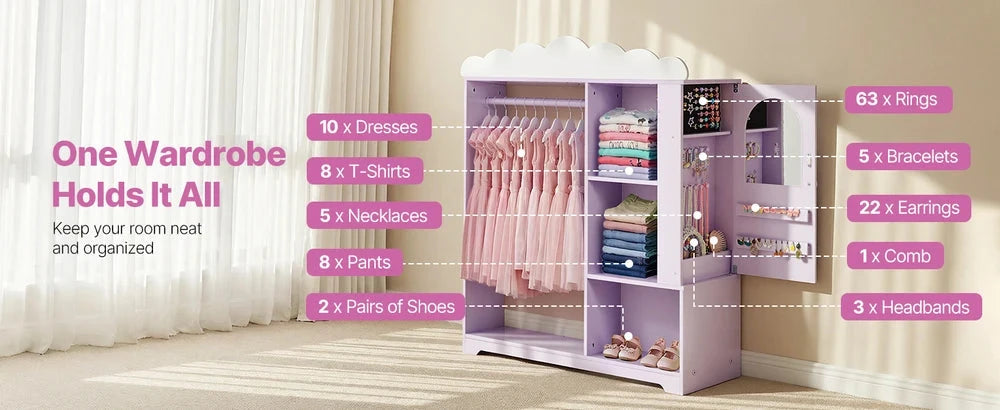 Kids Costume Storage Armoire – Dress-Up Wardrobe with Mirror & Shelves