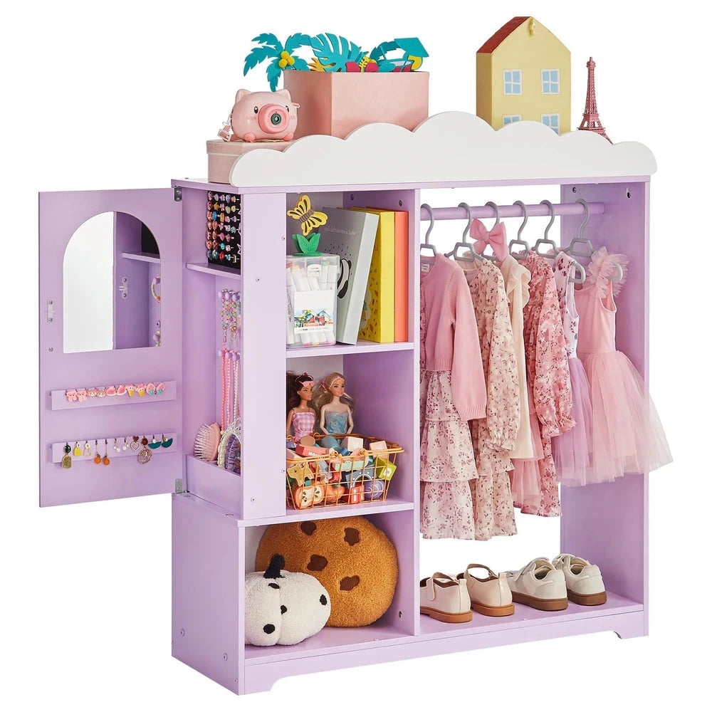 Kids Costume Storage Armoire – Dress-Up Wardrobe with Mirror & Shelves