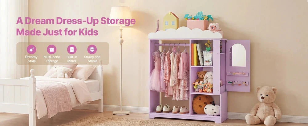 Kids Costume Storage Armoire – Dress-Up Wardrobe with Mirror & Shelves