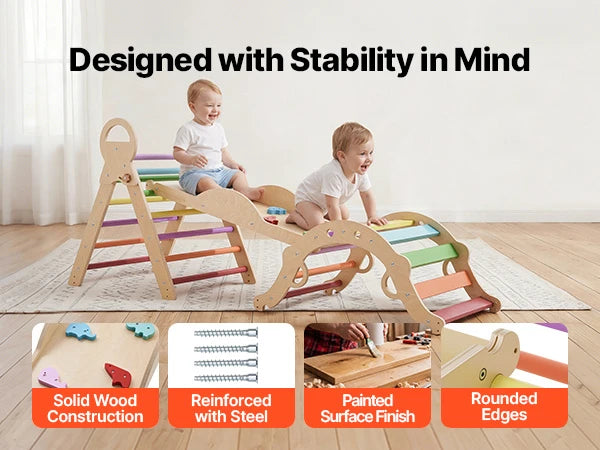 9-in-1 Wooden Montessori Jungle Gym – Rainbow Pikler Triangle Climbing Set
