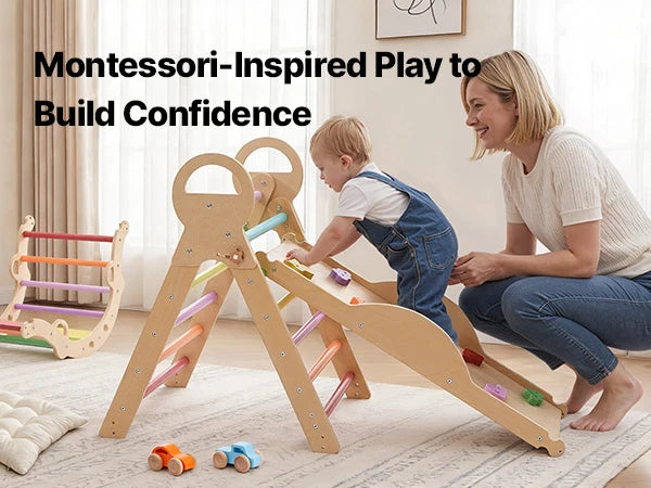 9-in-1 Wooden Montessori Jungle Gym – Rainbow Pikler Triangle Climbing Set