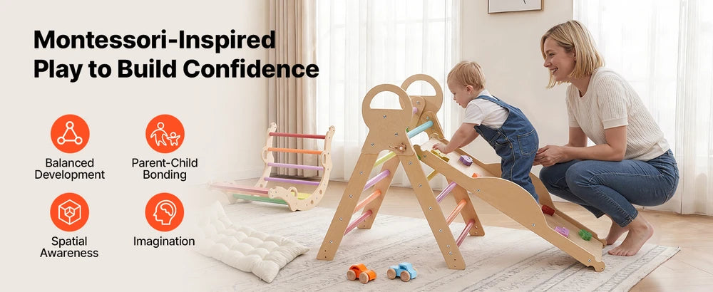 9-in-1 Wooden Montessori Jungle Gym – Rainbow Pikler Triangle Climbing Set