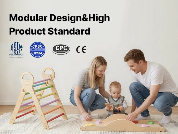 9-in-1 Wooden Montessori Jungle Gym – Rainbow Pikler Triangle Climbing Set