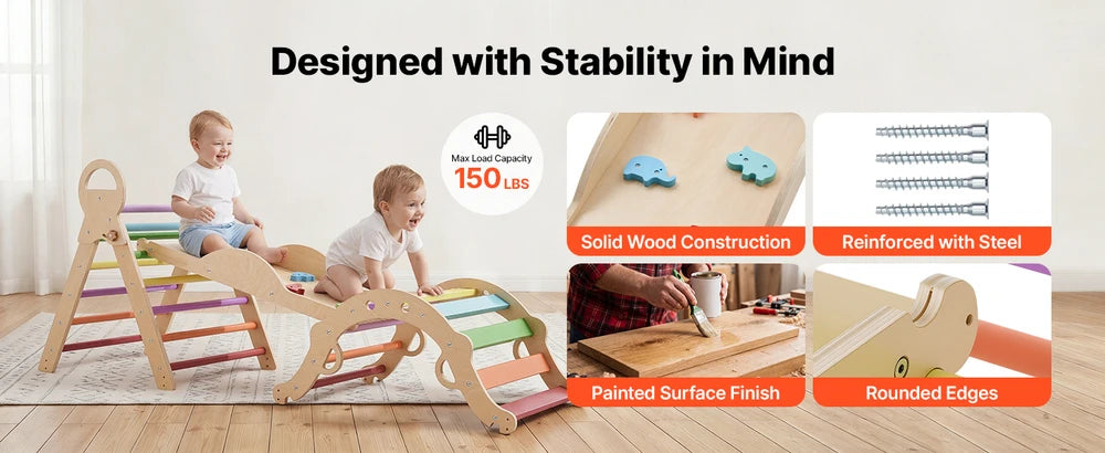 9-in-1 Wooden Montessori Jungle Gym – Rainbow Pikler Triangle Climbing Set