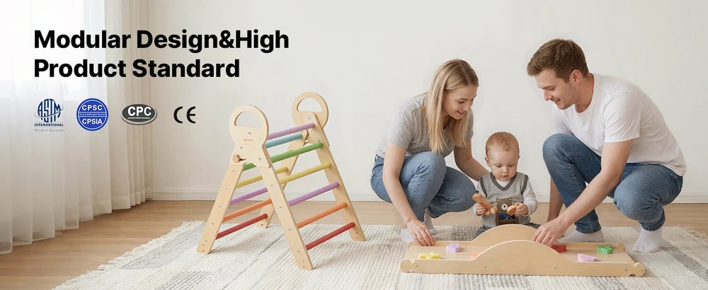 9-in-1 Wooden Montessori Jungle Gym – Rainbow Pikler Triangle Climbing Set