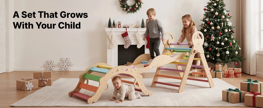 9-in-1 Wooden Montessori Jungle Gym – Rainbow Pikler Triangle Climbing Set