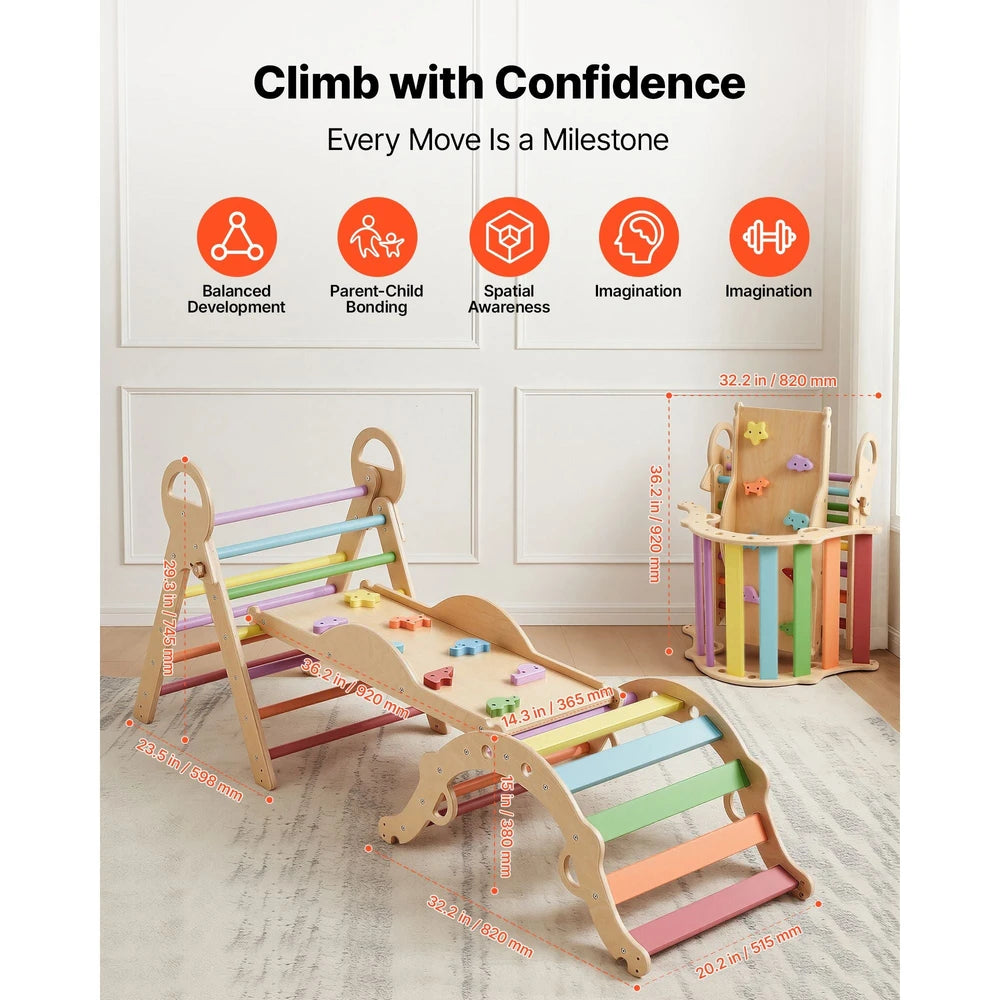 9-in-1 Wooden Montessori Jungle Gym – Rainbow Pikler Triangle Climbing Set