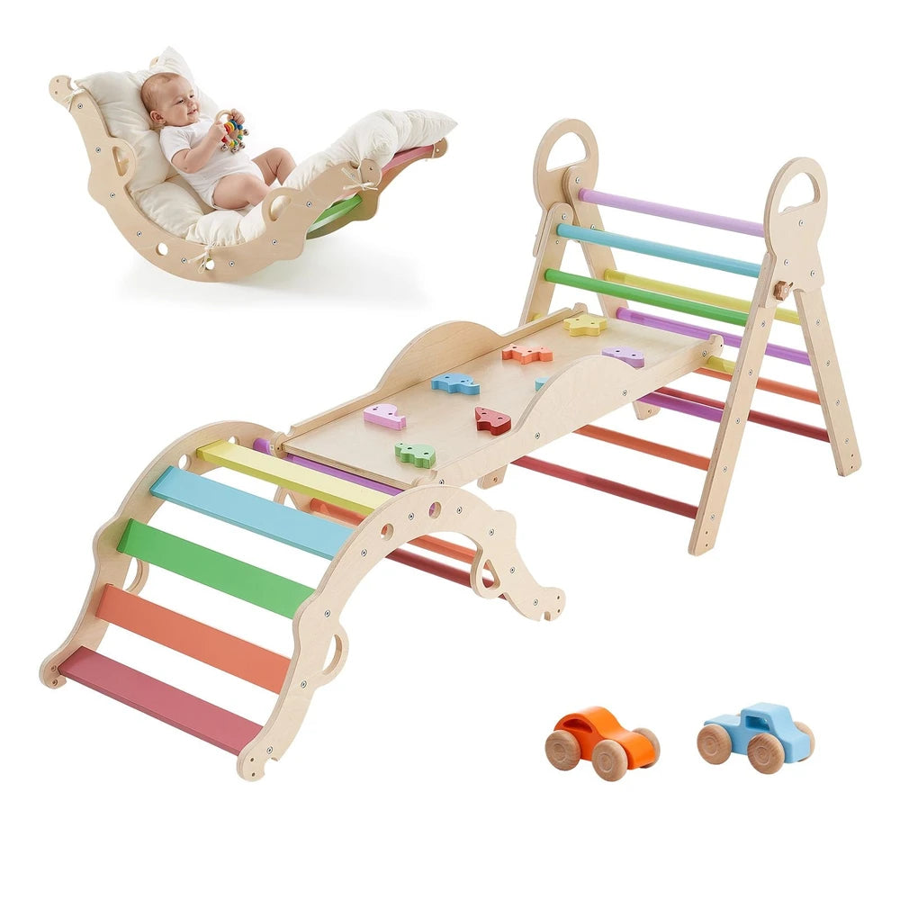 9-in-1 Wooden Montessori Jungle Gym – Rainbow Pikler Triangle Climbing Set