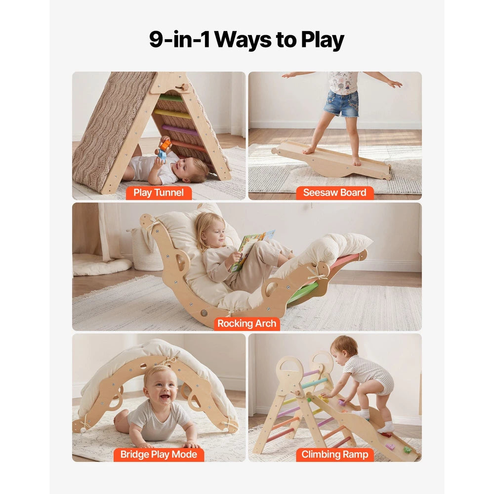 9-in-1 Wooden Montessori Jungle Gym – Rainbow Pikler Triangle Climbing Set