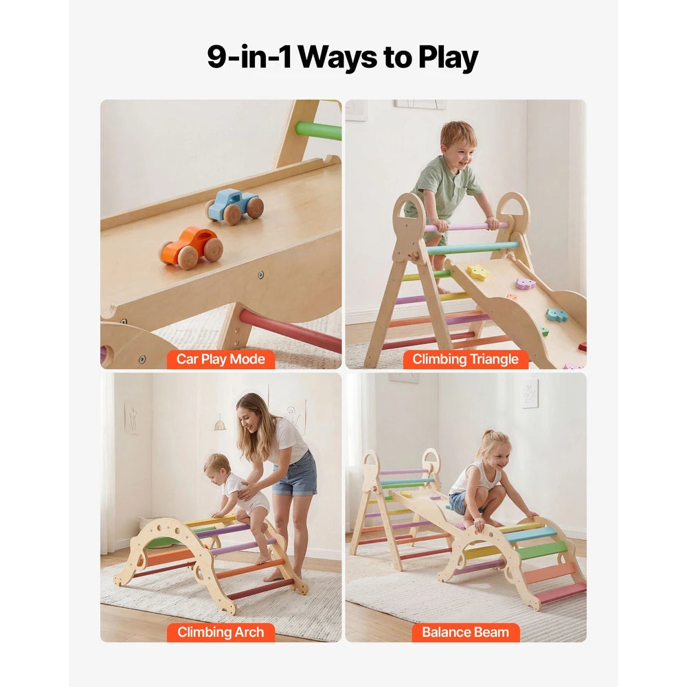 9-in-1 Wooden Montessori Jungle Gym – Rainbow Pikler Triangle Climbing Set
