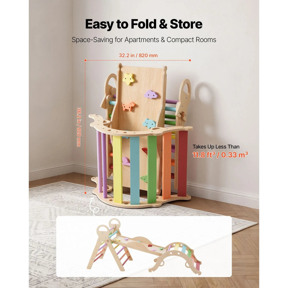 9-in-1 Wooden Montessori Jungle Gym – Rainbow Pikler Triangle Climbing Set