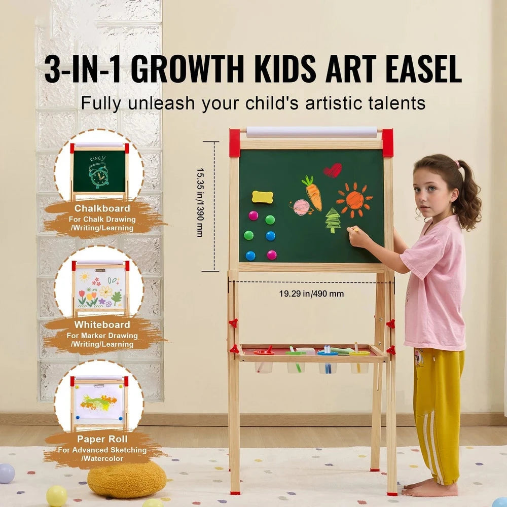 3-in-1 Wooden Art Easel – Adjustable Double-Sided Easel with Chalkboard & Whiteboard