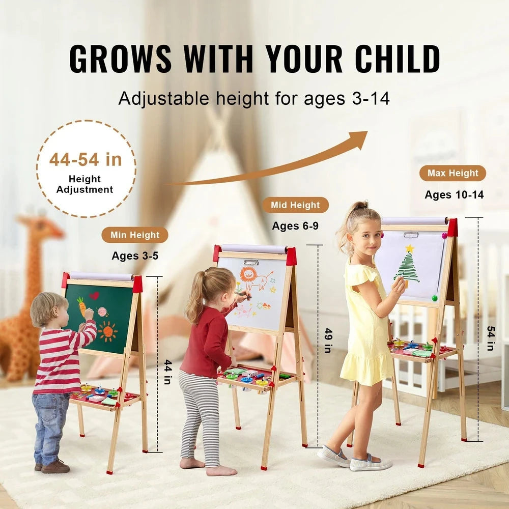 3-in-1 Wooden Art Easel – Adjustable Double-Sided Easel with Chalkboard & Whiteboard
