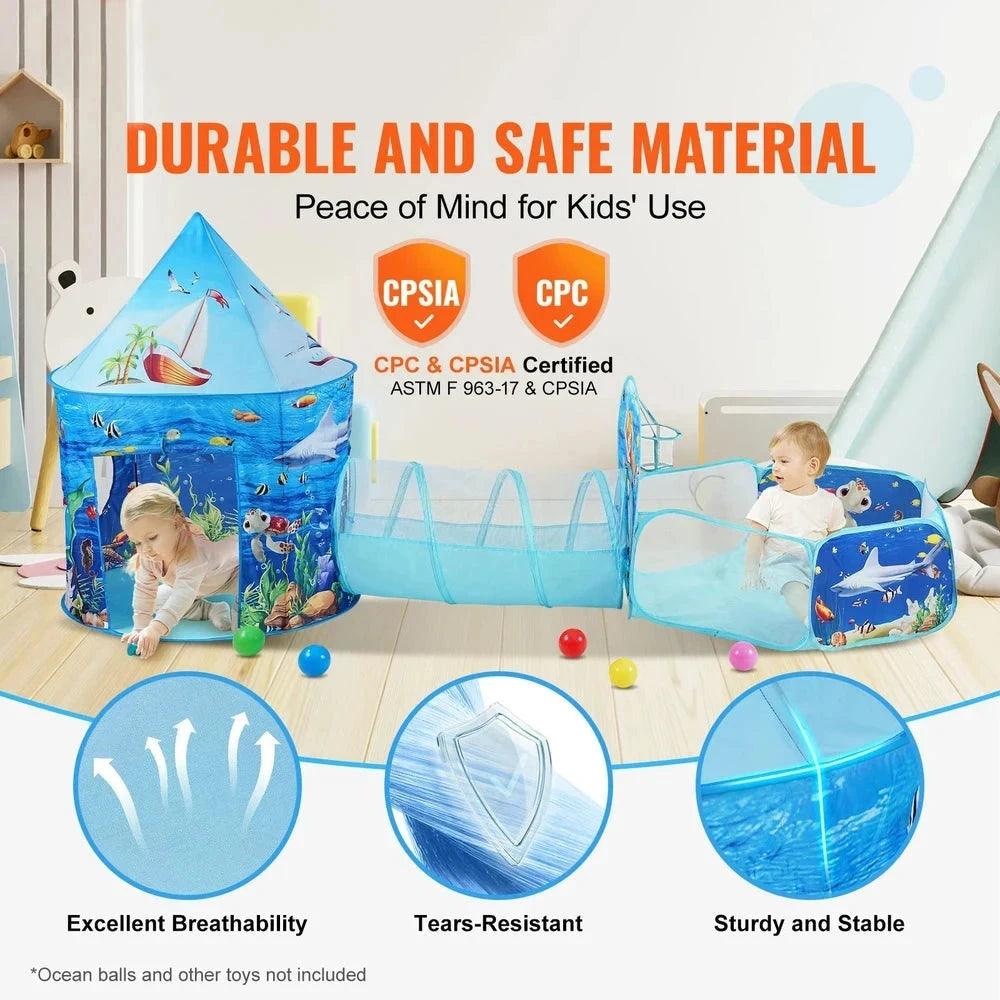 3-in-1 Kids Play Tent & Tunnel – Pop-Up Playhouse with Basketball Hoop