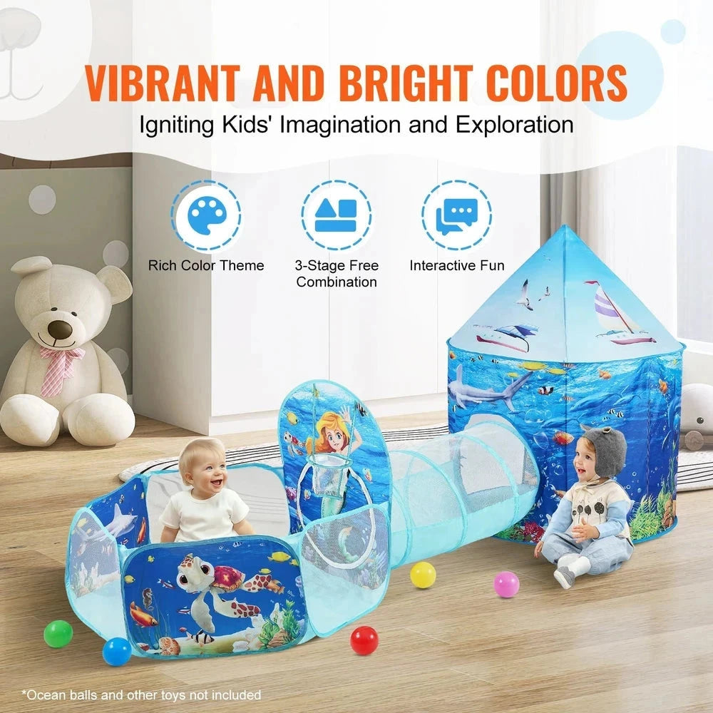 3-in-1 Kids Play Tent & Tunnel – Pop-Up Playhouse with Basketball Hoop