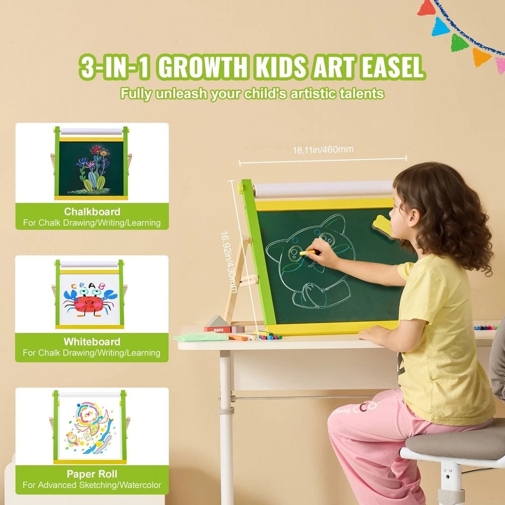 3-in-1 Wooden Tabletop Art Easel – Chalkboard, Whiteboard & Paper Roll for Kids