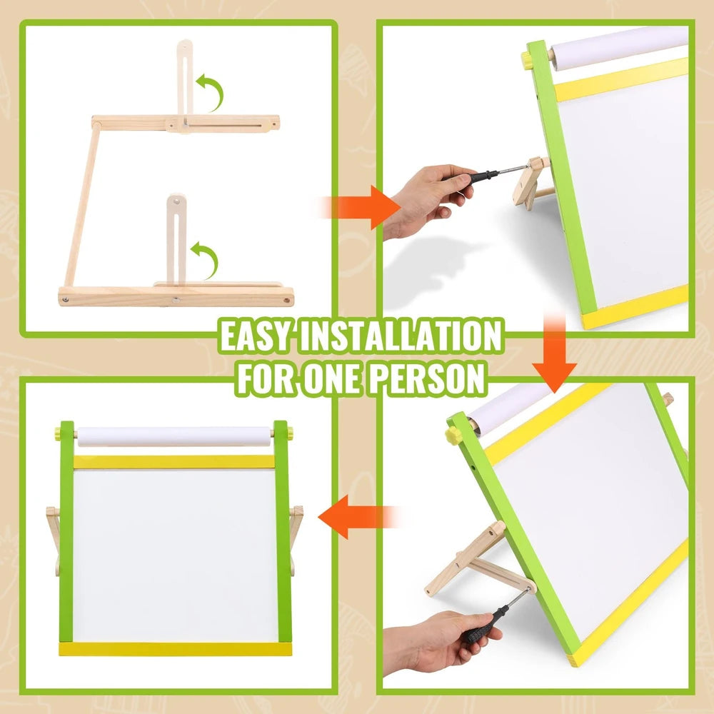 3-in-1 Wooden Tabletop Art Easel – Chalkboard, Whiteboard & Paper Roll for Kids