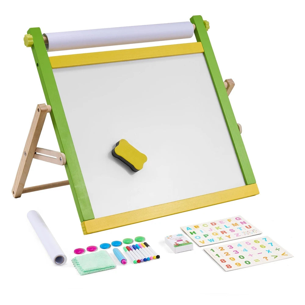 3-in-1 Wooden Tabletop Art Easel – Chalkboard, Whiteboard & Paper Roll for Kids