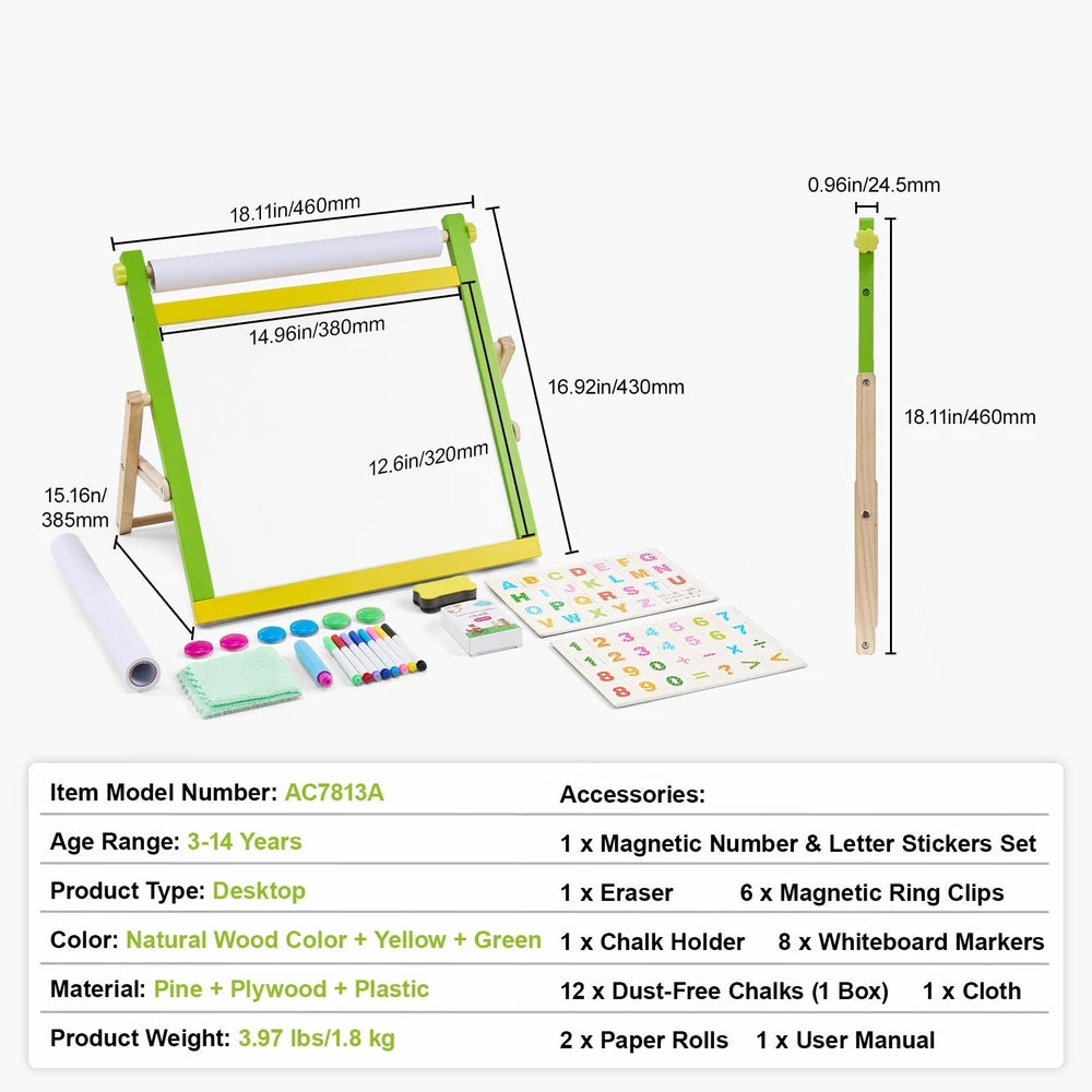 3-in-1 Wooden Tabletop Art Easel – Chalkboard, Whiteboard & Paper Roll for Kids