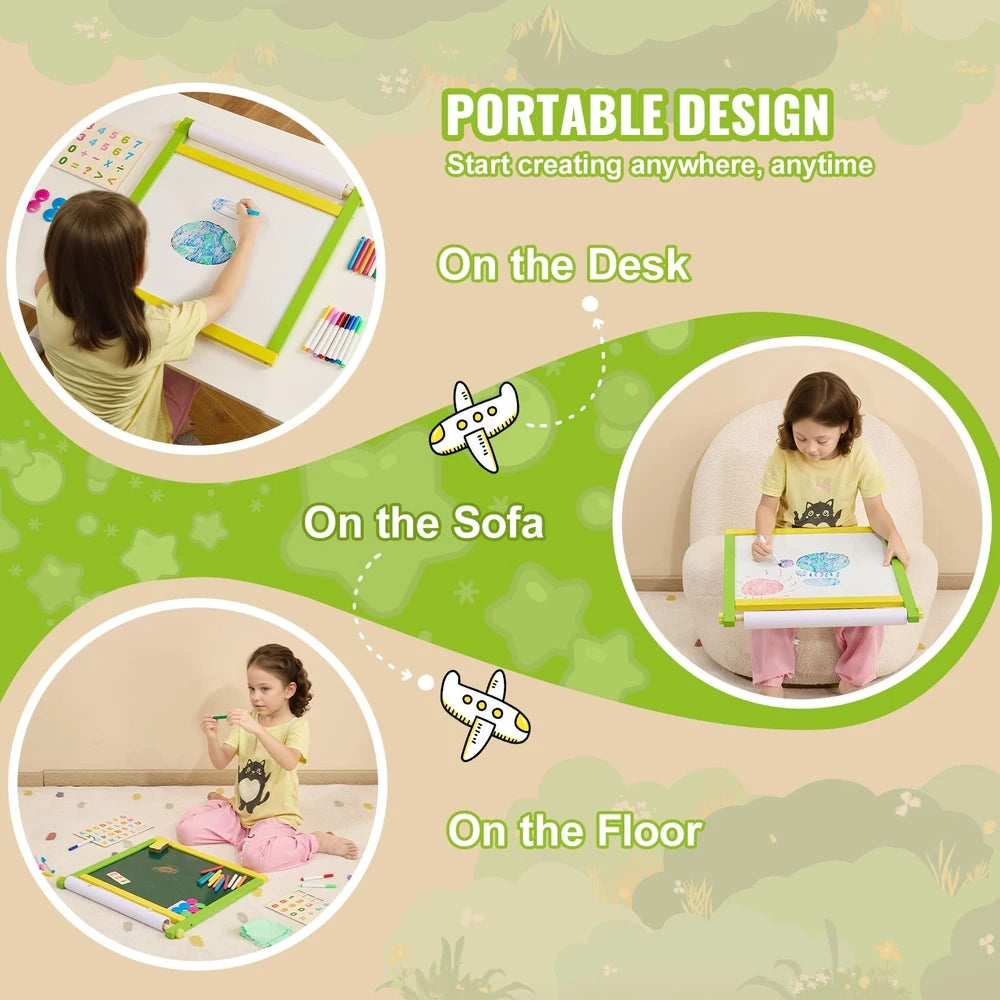 3-in-1 Wooden Tabletop Art Easel – Chalkboard, Whiteboard & Paper Roll for Kids