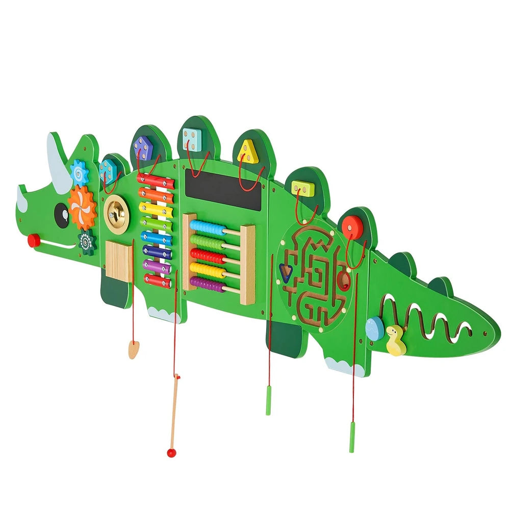 Dinosaur Activity Busy Board – Montessori Wall Toy with 11 Sensory Games
