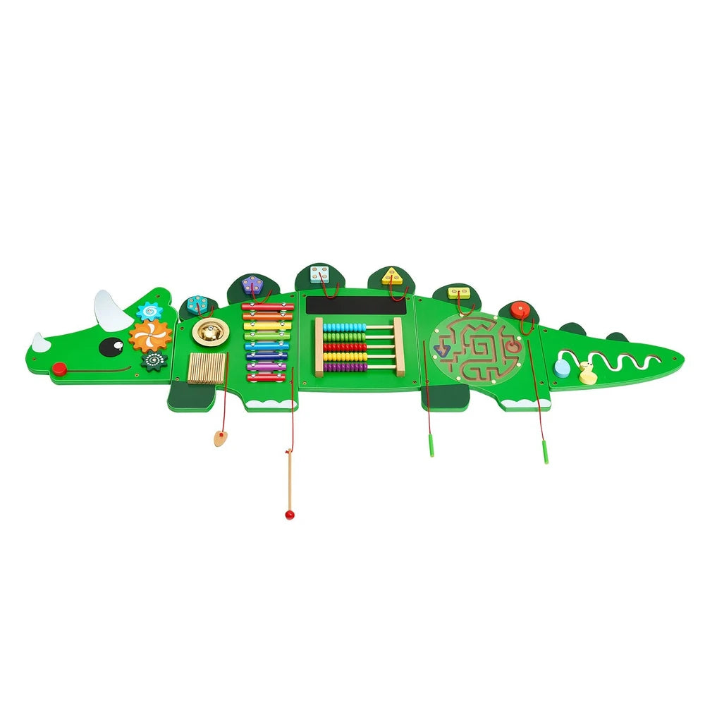 Dinosaur Activity Busy Board – Montessori Wall Toy with 11 Sensory Games