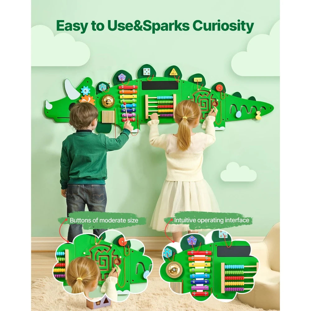 Dinosaur Activity Busy Board – Montessori Wall Toy with 11 Sensory Games
