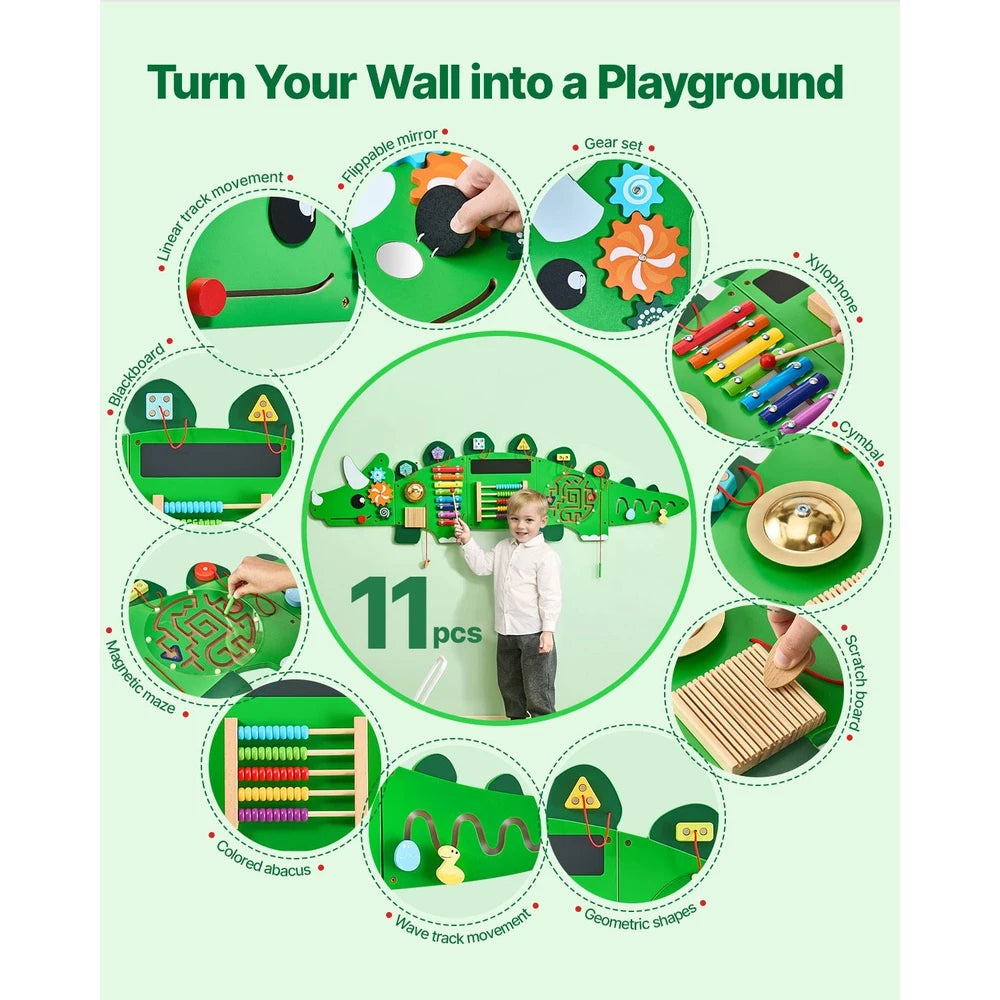 Dinosaur Activity Busy Board – Montessori Wall Toy with 11 Sensory Games