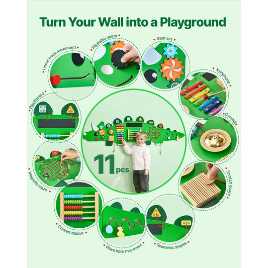 Dinosaur Activity Busy Board – Montessori Wall Toy with 11 Sensory Games