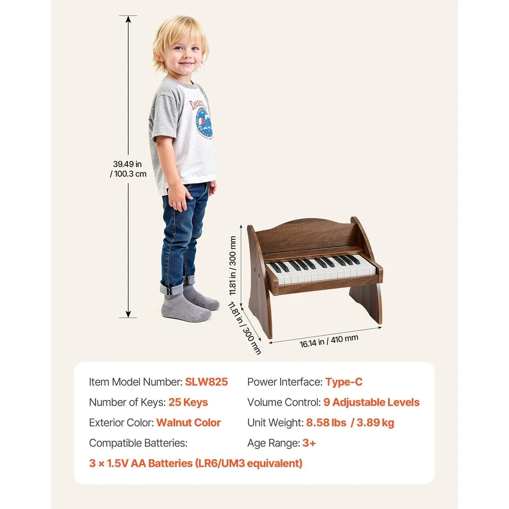 Wooden Kids Digital Piano – 25-Key Beginner Piano with Adjustable Volume