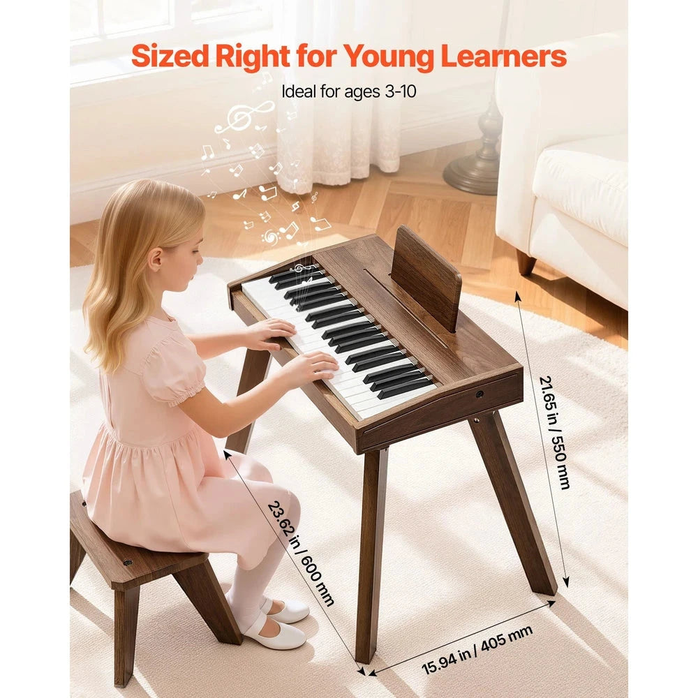 Wooden Kids Piano Keyboard – 37-Key Beginner Piano with Adjustable Volume (Walnut)