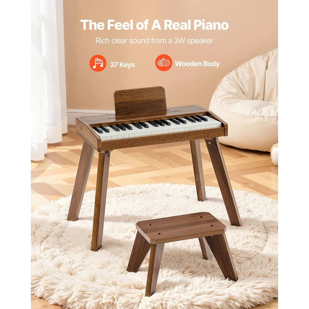Wooden Kids Piano Keyboard – 37-Key Beginner Piano with Adjustable Volume (Walnut)