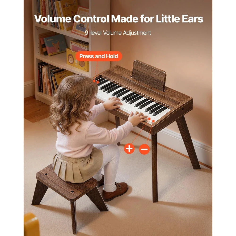 Wooden Kids Piano Keyboard – 37-Key Beginner Piano with Adjustable Volume (Walnut)