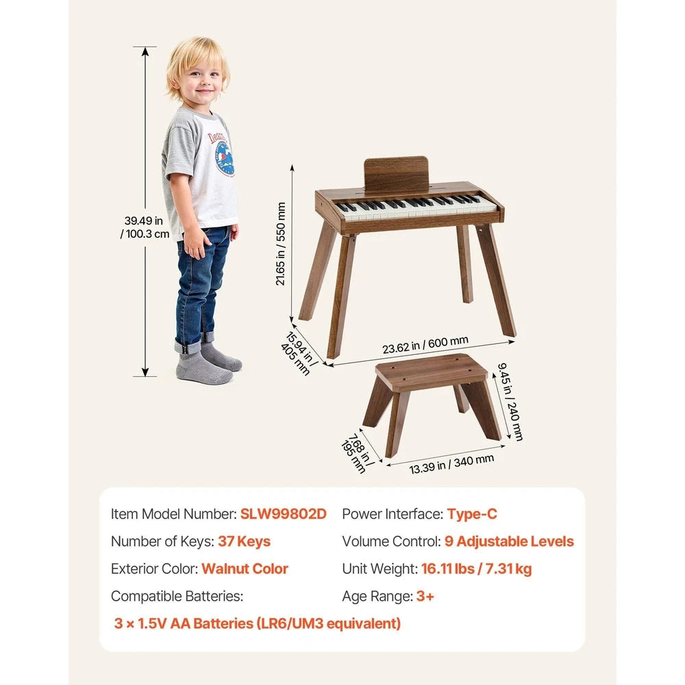 Wooden Kids Piano Keyboard – 37-Key Beginner Piano with Adjustable Volume (Walnut)