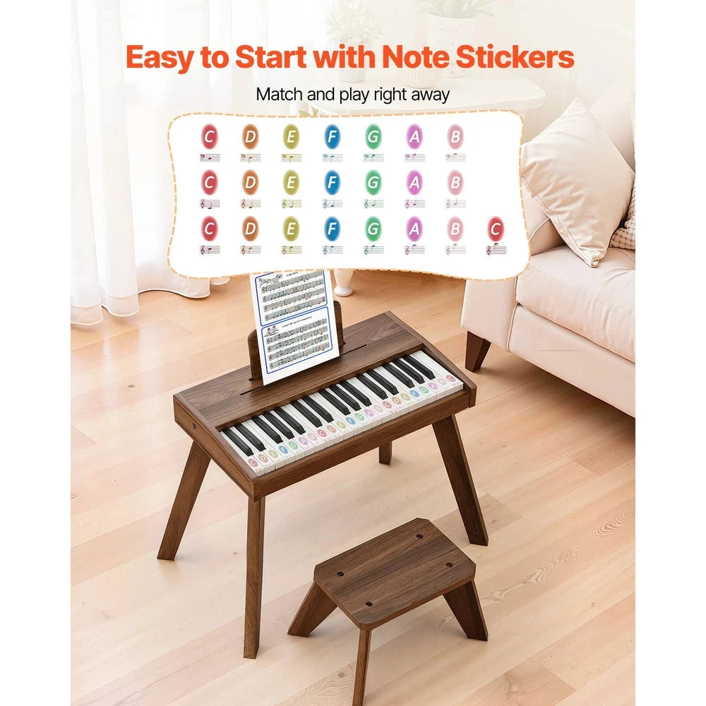 Wooden Kids Piano Keyboard – 37-Key Beginner Piano with Adjustable Volume (Walnut)