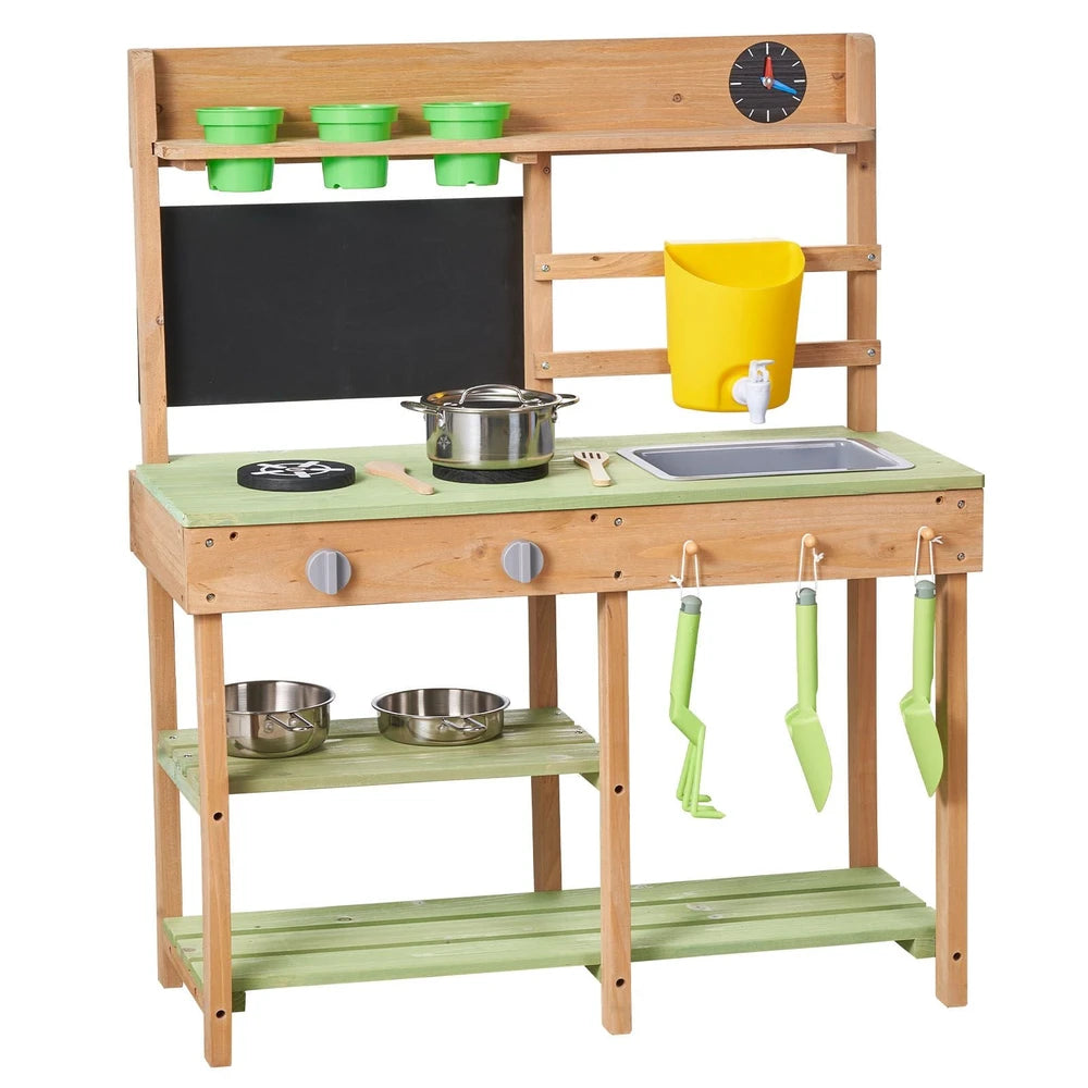 Wooden Outdoor Mud Kitchen – Backyard Play Kitchen with Working Faucet & Water Tank