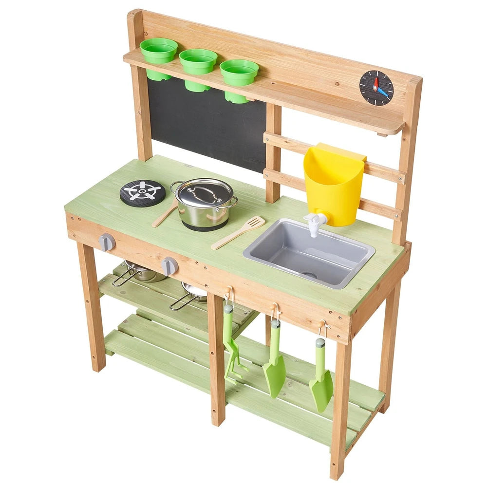 Wooden Outdoor Mud Kitchen – Backyard Play Kitchen with Working Faucet & Water Tank