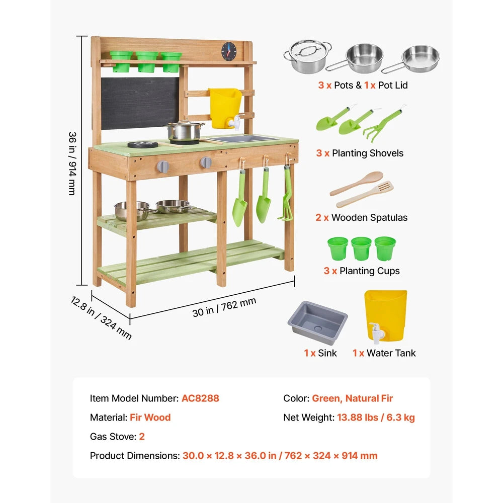 Wooden Outdoor Mud Kitchen – Backyard Play Kitchen with Working Faucet & Water Tank