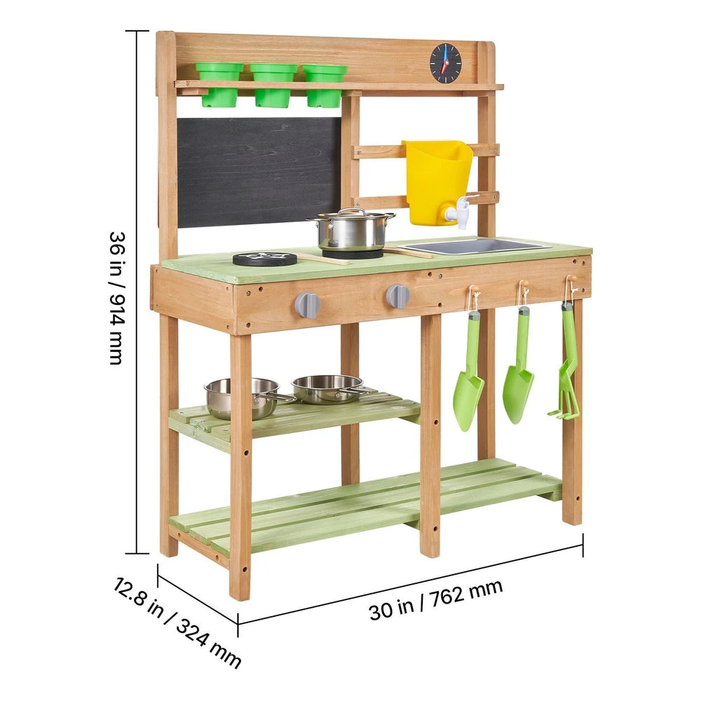 Wooden Outdoor Mud Kitchen – Backyard Play Kitchen with Working Faucet & Water Tank