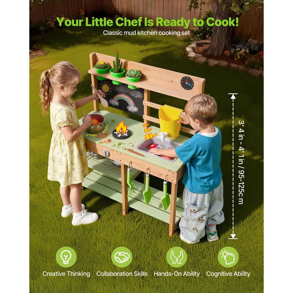 Wooden Outdoor Mud Kitchen – Backyard Play Kitchen with Working Faucet & Water Tank