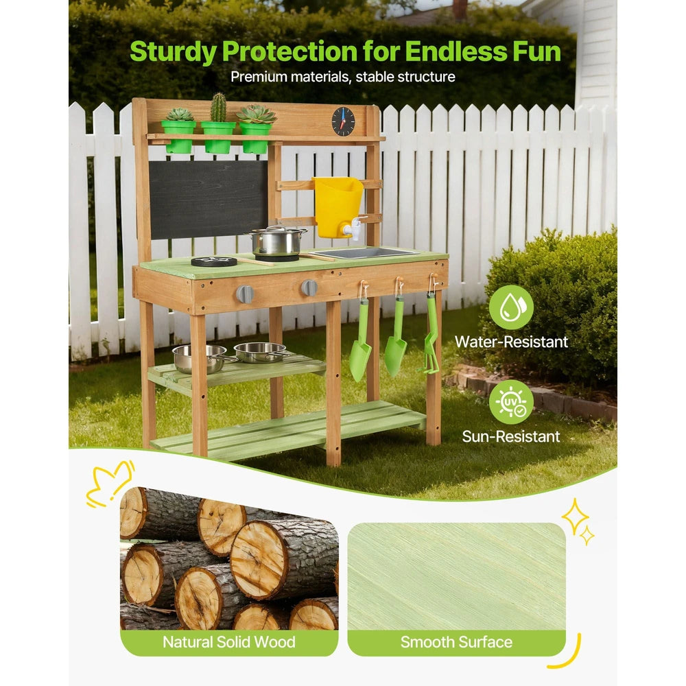 Wooden Outdoor Mud Kitchen – Backyard Play Kitchen with Working Faucet & Water Tank