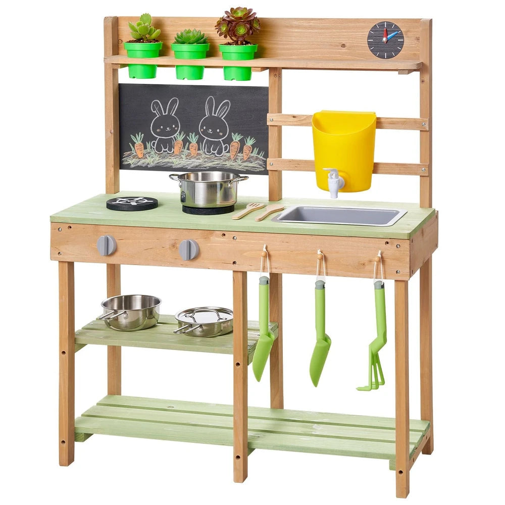 Wooden Outdoor Mud Kitchen – Backyard Play Kitchen with Working Faucet & Water Tank