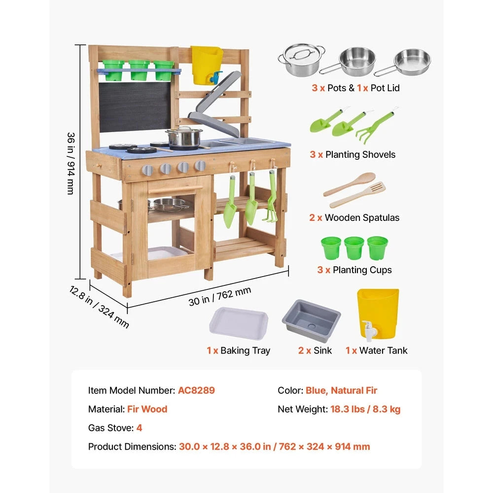 Wooden Outdoor Mud Kitchen – Backyard Sensory Play Station with Single Sink