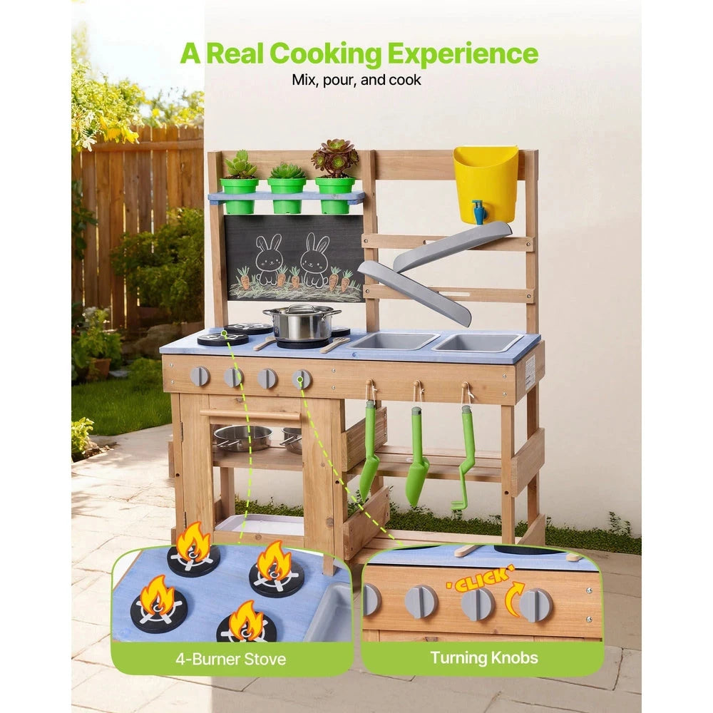 Wooden Outdoor Mud Kitchen – Backyard Sensory Play Station with Single Sink