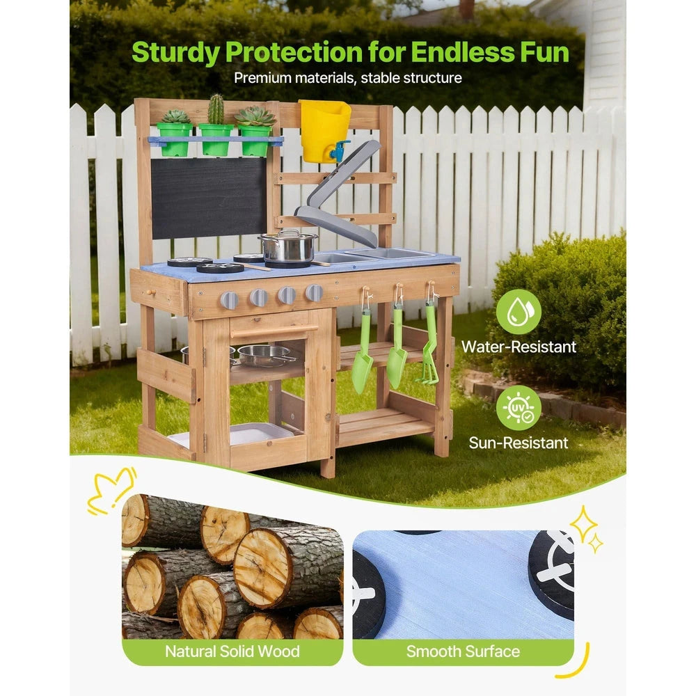Wooden Outdoor Mud Kitchen – Backyard Sensory Play Station with Single Sink