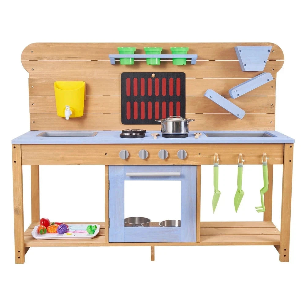 Wooden Outdoor Mud Kitchen – Backyard Sensory Play Station with Double Sinks